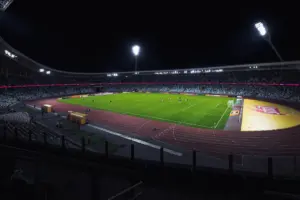 Packed sports stadium crowd under floodlights